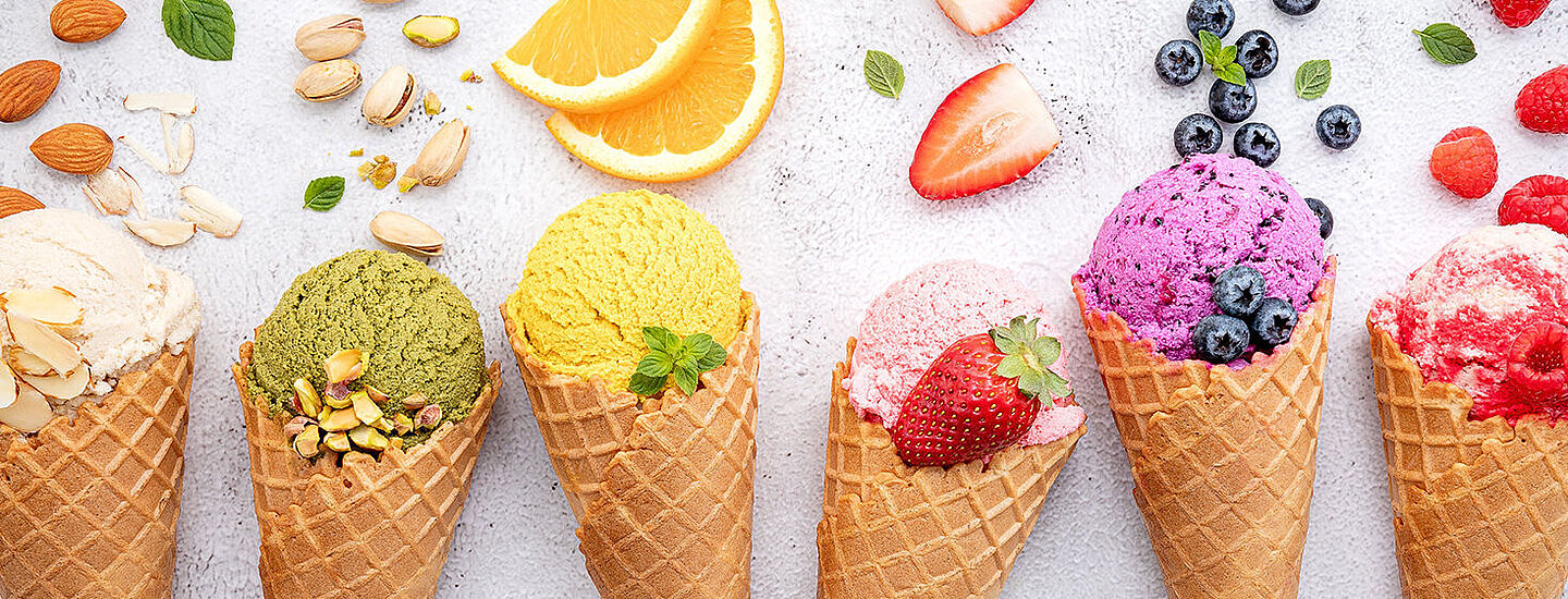 different fruity and nutty ice creams