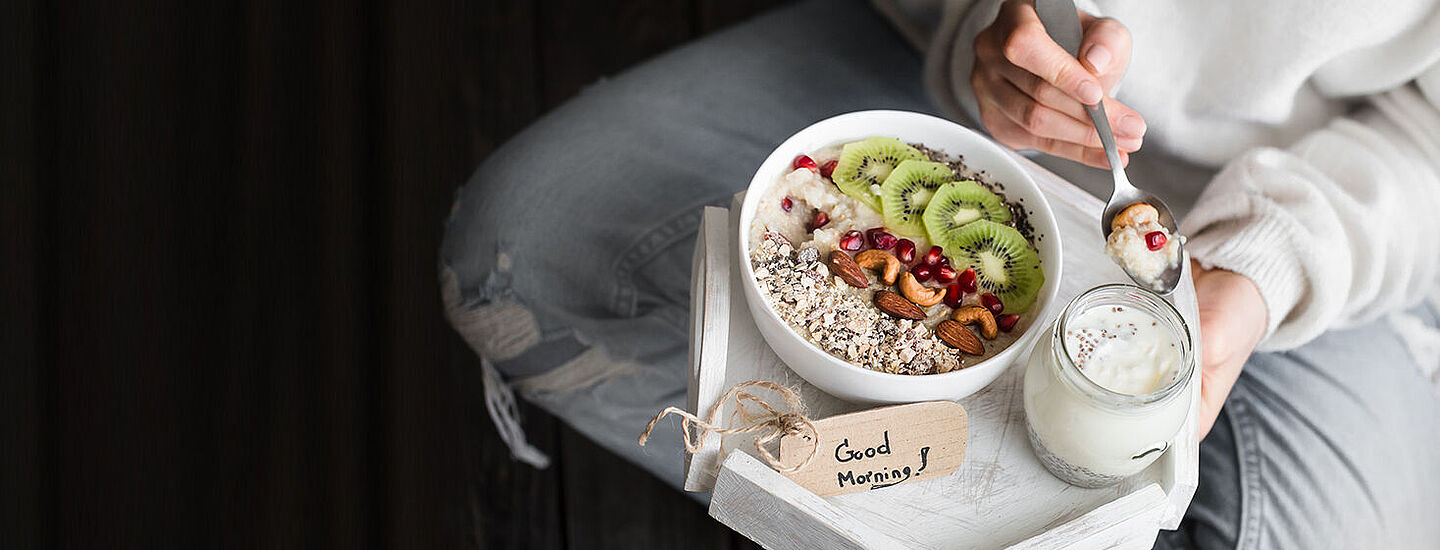 fruit bowl with oat and with yogurt