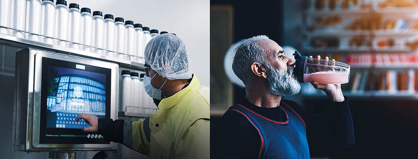 man working on the factory and old man drinking a red juice