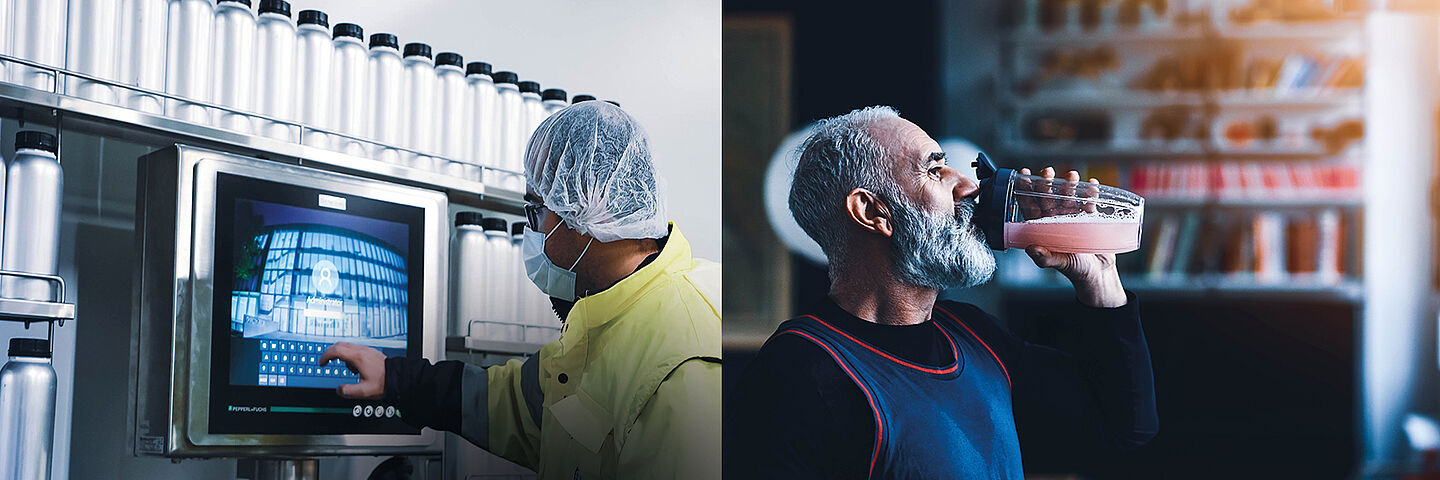 man working on the factory and old man drinking a red juice