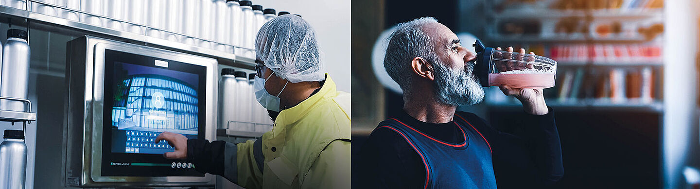 man working on the factory and old man drinking a red juice