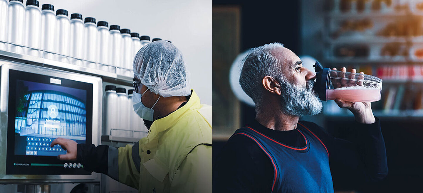 man working on the factory and old man drinking a red juice