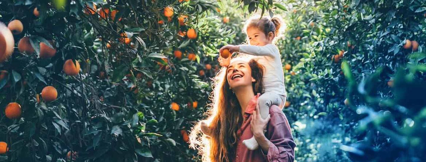 Mãe e filha a apanharem laranjas