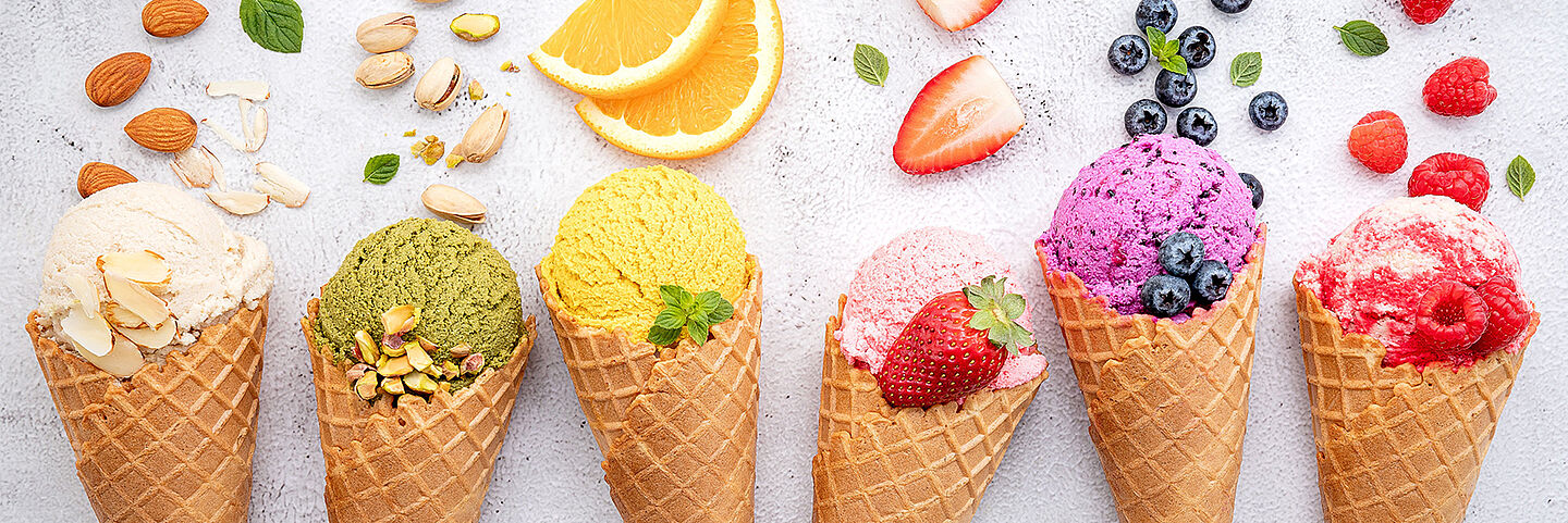 different fruity and nutty ice creams