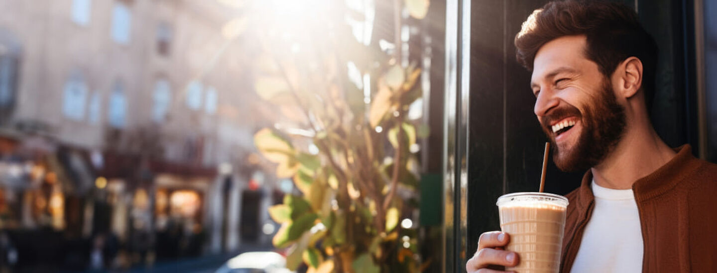 Bir adam şehirde bir kahve-to-go (buzlu kahve/soğuk kahve) içiyor. Sıcak ışık ve bulanık kafe arka planı, modern kahve keyfi ve yaşam tarzını yansıtıyor.