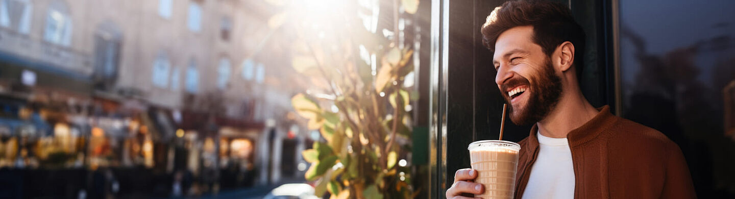 Bir adam şehirde bir kahve-to-go (buzlu kahve/soğuk kahve) içiyor. Sıcak ışık ve bulanık kafe arka planı, modern kahve keyfi ve yaşam tarzını yansıtıyor.