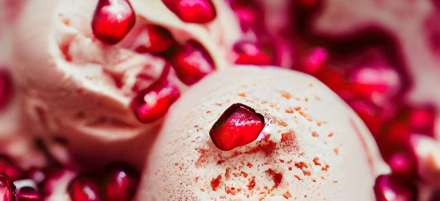 white ice cream with pomegranate